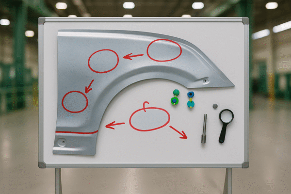 Production panel for automotive stamping—wrinkle bands circled on a blue-speckled panel with red grease-marker rings and arrows, plus color-coded bead change markers; no people, no text.