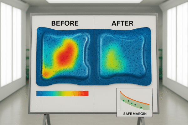 Before/after thinning heat maps for an automotive stamped panel with an inset FLD showing all strain points below the FLC and a visible safety margin; no people, no text.