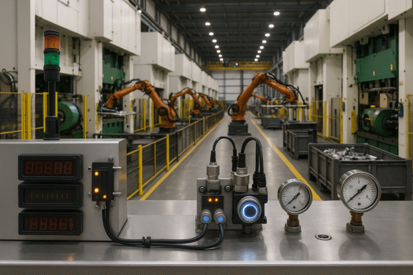 Robotic transfer line for automotive stamping with non-legible counters and pressure sensors monitoring the process; safety fences and large presses in the background; no people, no text.