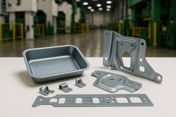 Featured image of Prime custom automotive stamping parts—deep-drawn tray, reinforcement bracket, flanged panel, clips, and a progressive die strip on a white surface with blurred press line background; no people, no text.