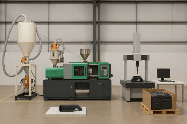 End-to-end custom plastic parts production process showing resin receiving, drying, molding, QC inspection, and packaging stages.