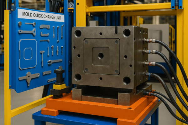 Quick mold change unit for custom plastic parts production with SMED plate, torque-controlled clamps, and quick-connect water lines.