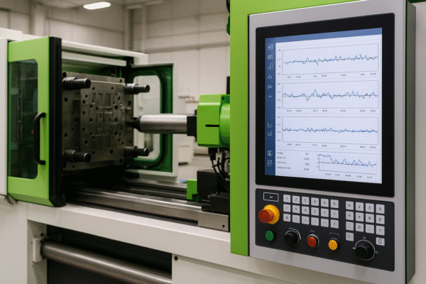Injection molding HMI interface with real-time SPC charts for cycle time, buffer levels, and part weight monitoring.