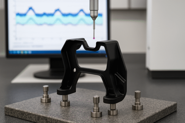 CMM inspection of a molded plastic bracket with GR&R background study in a metrology lab.