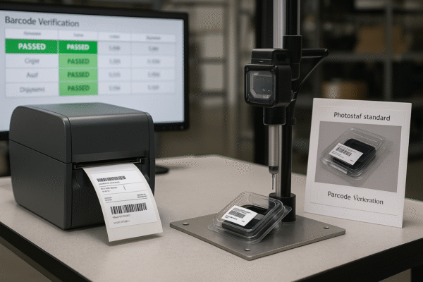 Label printing and application station for custom plastic parts production with barcode verification and photographic packaging standard.
