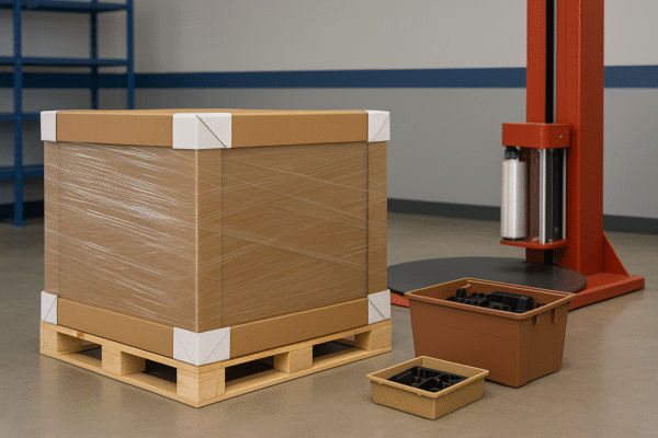 Palletized packaging unit for custom plastic parts with corner boards, stretch film wrapping, and drop test samples beside the pallet.