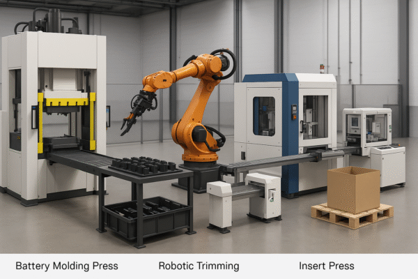 Integrated production line for custom plastic parts with battery molding press, robotic trimming, insert press, and final packaging system.
