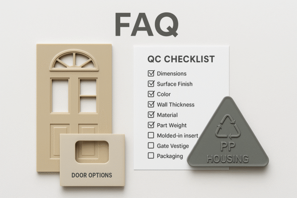 FAQ visualization for custom plastic parts production showing gate option samples, QC inspection checklist, and PP housing trilogy component.