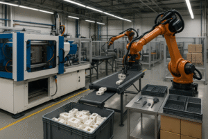 3:2 high-resolution view of a custom plastic parts production line (no people, no text): injection-molding machine with closed guard, articulated robots picking parts onto a conveyor, in-line QC station with calipers and trays, palletized bins in a clean, well-lit factory.