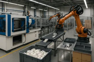 3:2 high-resolution view of a custom plastic parts production line (no people, no text): injection-molding machine with closed guard, articulated robots picking parts onto a conveyor, in-line QC station with calipers and trays, palletized bins in a clean, well-lit factory.