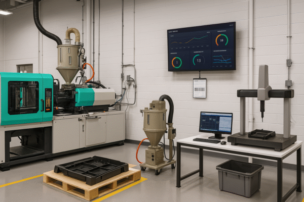 Prime integrated plastic processing unit with injection molding machine, real-time dashboard, and QA inspection station for traceable production workflow.