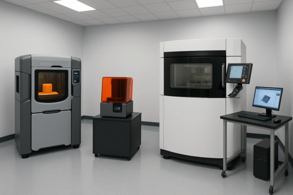 Rapid prototyping bay equipped with FDM, SLA, and SLS 3D printing units, alongside a finishing station with control gauges in a clean industrial environment.