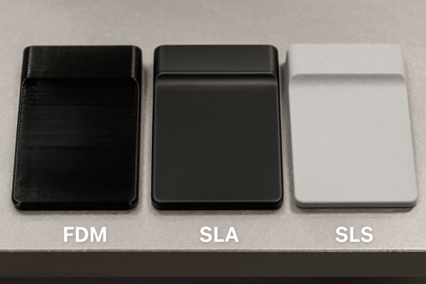 Surface gloss comparison of three custom plastic part samples under equal lighting — FDM with bead lines, SLA with smooth glossy surface, and SLS with matte nylon finish.