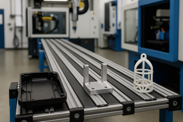 Prime hybrid flow line with molded plastic housing, CNC post-processed aluminum bracket, and 3D-printed nesting fixture displayed together on a synchronized takt conveyor.