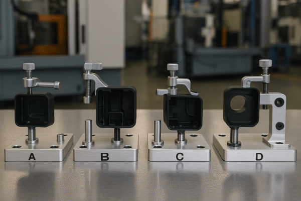 Modular fixture series for custom plastic parts, with shared molding and machining datum, arranged across four stations labeled A–D on a metallic workbench.