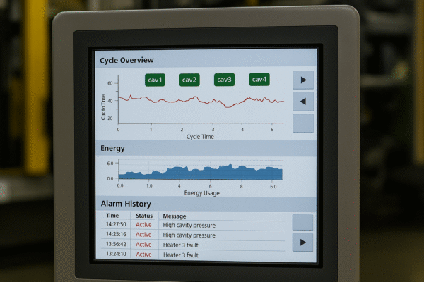 Injection molding HMI screen displaying four-cavity tool cycle performance, energy usage, and alarm history during initial molding setup.