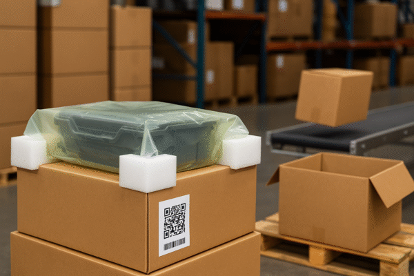 Export-ready packaging line for custom plastic parts with VCI protective bag, foam edge protectors, QR code label, and carton drop testing setup.