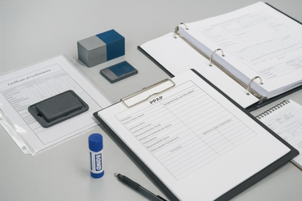 Prime QA inspection desk with Certificate of Conformance sample, calibration blocks, PPAP adhesive, and specification R&D records arranged for audit.