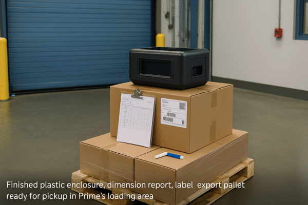 Finished custom plastic housing with attached dimension report and barcode label, stacked on export pallets, ready for pickup at Prime’s loading dock.