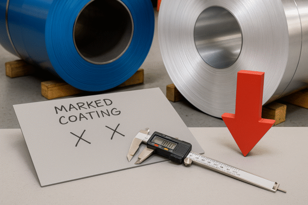 Steel and aluminum coils in a stamping workshop with a marked coating panel, digital caliper, and downward red arrow symbolizing cost reduction.