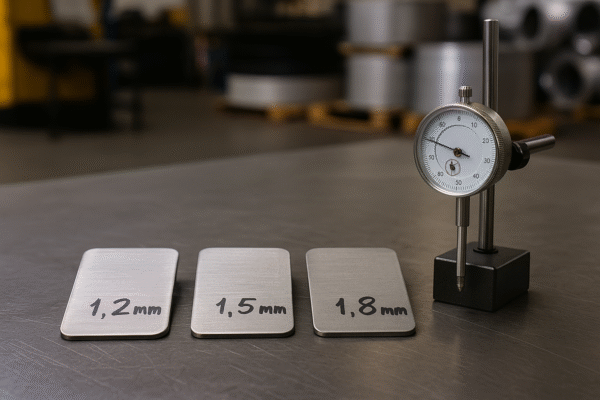 Three stamped metal coupons labeled 1.2 mm, 1.5 mm, and 1.8 mm thickness, placed on an inspection table next to a dial indicator gauge in a stamping workshop.