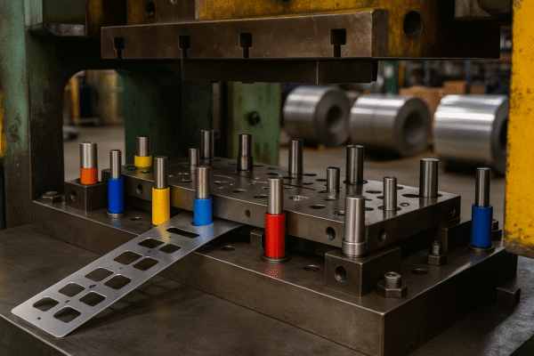 Progressive stamping die with color-coded stations, standard punches, quick-change punches, and pilots guiding a steel strip in a press.