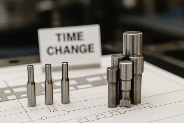 Cluster punch inserted beside four single punches on a progressive die layout, with variable time tags in the background.