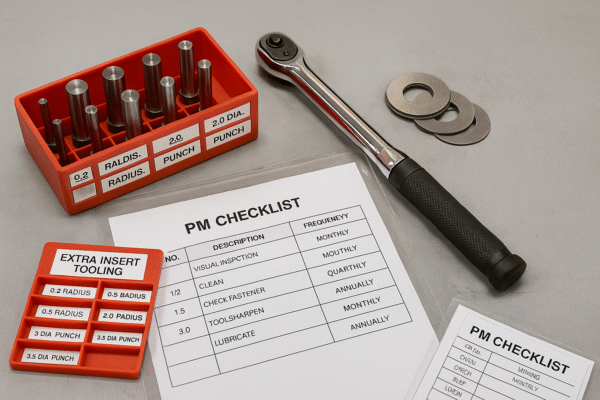 Labeled spare insert tooling kit with punches, torque wrench, metal shims, and layered PM checklist on a stamping workshop inspection table.