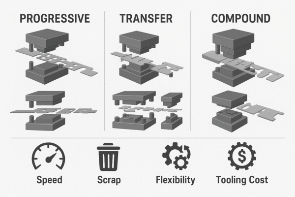 Infographic comparing progressive, transfer, and compound stamping methods with icons for speed, scrap, flexibility, and tooling cost.