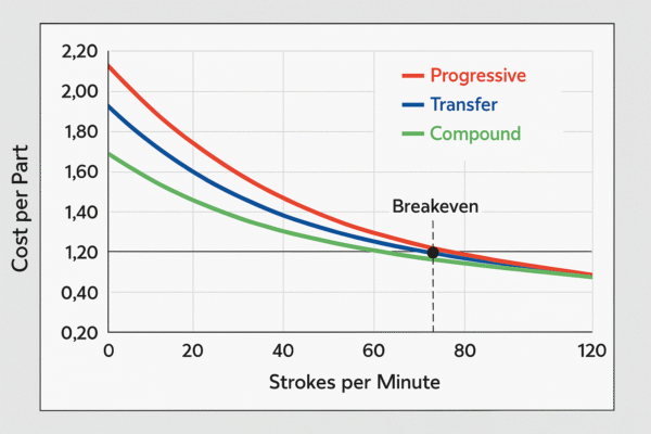 Line chart of cost per part versus strokes per minute (SPM) for stamping methods — progressive, transfer, and compound — with breakeven marker highlighted.