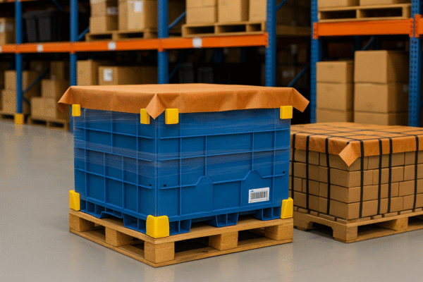 Returnable pallet with blue container wrapped in VCI paper, fitted with yellow corner guards, and labeled with a barcode beside stacked cartons in a warehouse.