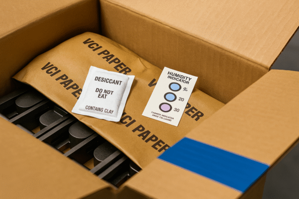 Close-up of a carton corner showing VCI protective paper, desiccant packet, humidity indicator card, and sealing tape for custom stamping parts packaging.