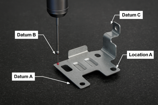 CMM probe inspecting a stamped bracket with datums A, B, and C, along with a positional callout marked on the part.