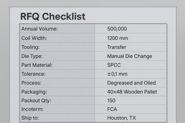 Screenshot-style RFQ checklist for custom stamping parts, showing fields for annual volume, coil width, tooling, die type, material, tolerance, process, packaging, packout quantity, Incoterm, and shipping details.