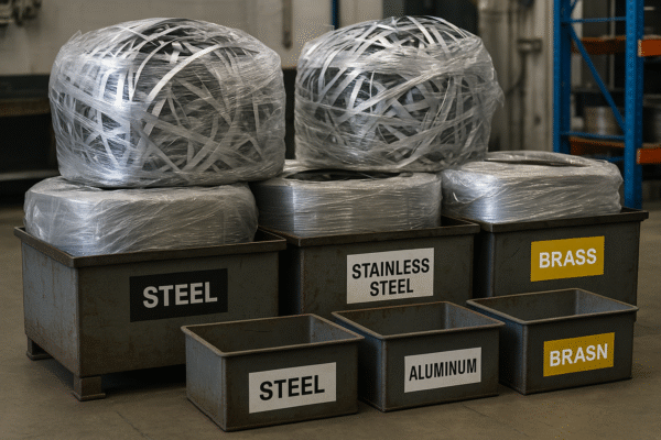 Scrap skeleton bundles wrapped in VCI film placed in bins labeled Steel, Stainless Steel, Aluminum, and Brass inside a stamping production warehouse.