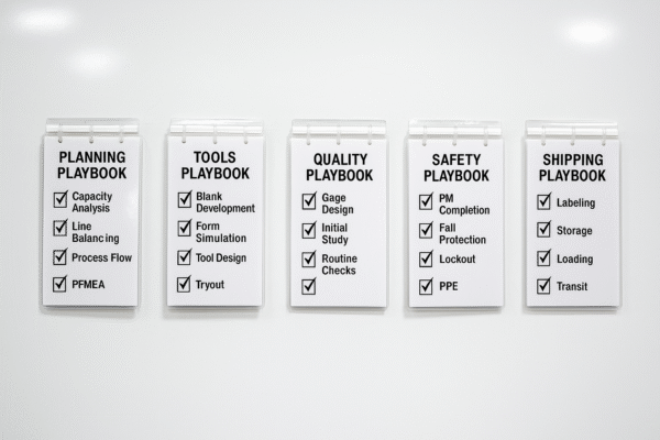 Whiteboard snapshot with five laminated mini playbooks for stamping production, each marked with a green check symbol.
