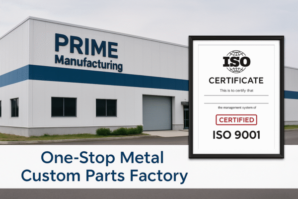 Prime factory exterior with ISO 9001 certificate mockup and slogan “One-Stop Metal Custom Parts Factory.”