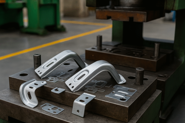 Freshly stamped metal brackets and flat parts arranged on a die set in a stamping press.