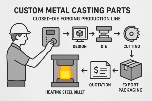 Flowchart of a closed-die forging production line for custom metal casting parts, showing heated steel billet under forging press, control settings, and process stages including quotation, design, die, cutting, and export packaging.