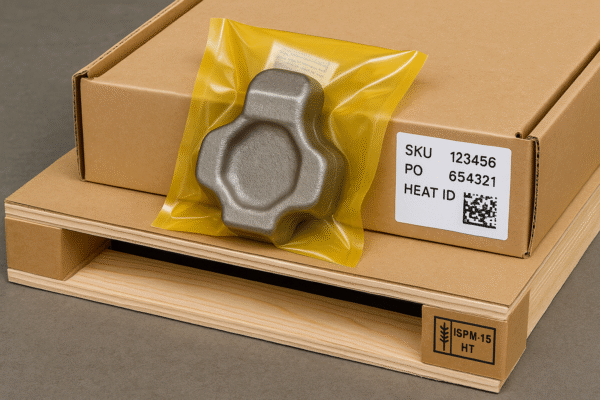 Realistic high-resolution photo of export packaging for custom forged metal parts. A forged component is sealed in a VCI anti-corrosion bag with a desiccant card, packed on an ISPM-15 certified wooden pallet, secured with corner protectors and stretch wrap. Inner carton shows SKU, PO, heat ID barcode, and QR confirmation label.