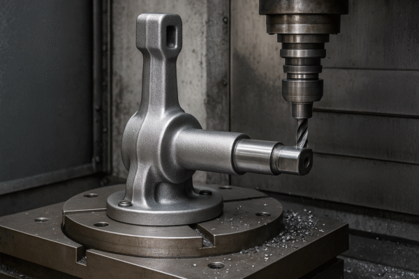 High-resolution photo of a forged metal component undergoing machining on a CNC milling machine, with the part firmly clamped and metal chips scattered on the table surface.