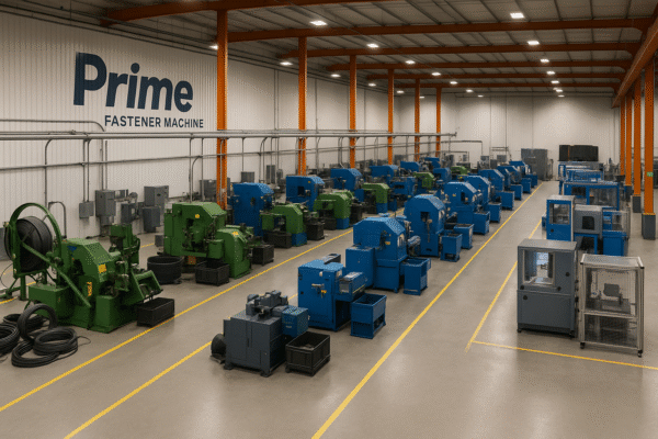 High-resolution panoramic view of Prime’s custom metal fasteners workshop, showing ten production lines with coil-fed cold heading machines, in-line thread rolling, optical sorting systems, and QC separation cells in a bright, organized industrial environment.