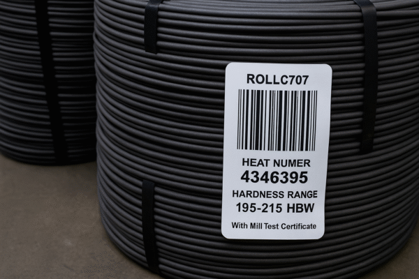 Realistic high-resolution photo of steel wire coils used for Prime’s custom fasteners, secured with straps and carrying barcoded tags displaying rolling certificates, heat numbers, and hardness ranges for ISO audits and PPAP compliance.