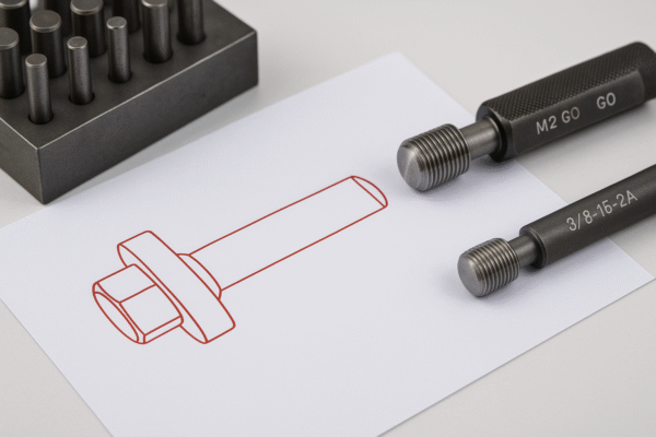 High-resolution photo of Prime company’s custom fastener DFM review setup. A redline drawing of a fastener is placed on a table alongside a standard punch tool library and thread gauges, emphasizing removal of custom dies, protection of tool life, and reduction of setup time.