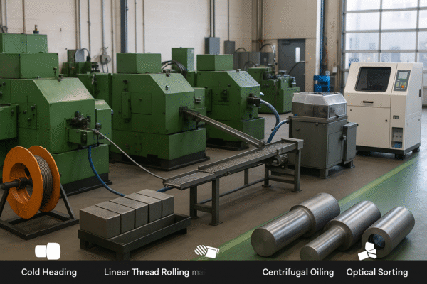 High-resolution photo of Prime company’s custom fastener cold heading cell. Coil-fed wire enters cold heading machines, then flows into linear thread rolling, centrifugal oiling, and optical sorting stations for stable dimensions and final yield.