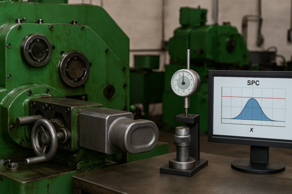 High-resolution photo of Prime company’s multi-station cold heading machine setup for custom fasteners, showing adjustment dials, SPC gauge monitoring, and a computer screen displaying statistical process control for head height, concentricity, and pitch diameter.