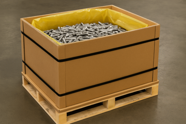 High-resolution photo of Prime company’s export packaging for custom metal fasteners. A double-wall corrugated carton lined with VCI protection is secured with edge protectors, stretch wrap, and strapping on a wooden pallet to prevent ISTA 3A drop and vibration damage.
