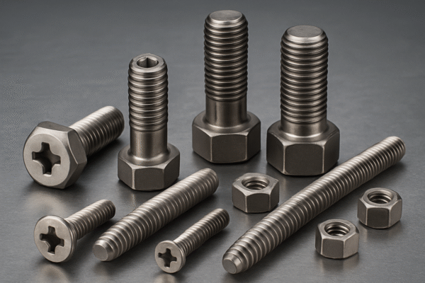 High-resolution feature photo of Prime company’s custom metal fasteners. An assortment of bolts, screws, and nuts arranged on a brushed steel surface, showing precise machining and durable finishes.