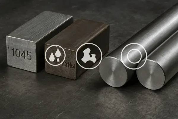 1045 steel stock material showing square bars and round rods on a dark workshop surface for machining and fabrication.