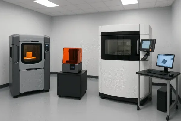 Industrial 3D printing prototyping lab with resin printer, post-processing unit, and CAD workstation for rapid product development.